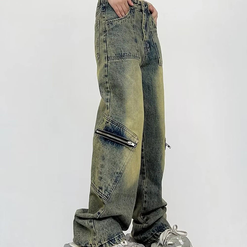 Men's Patchwork High Waisted Retro Slim Denim Cargo Trousers